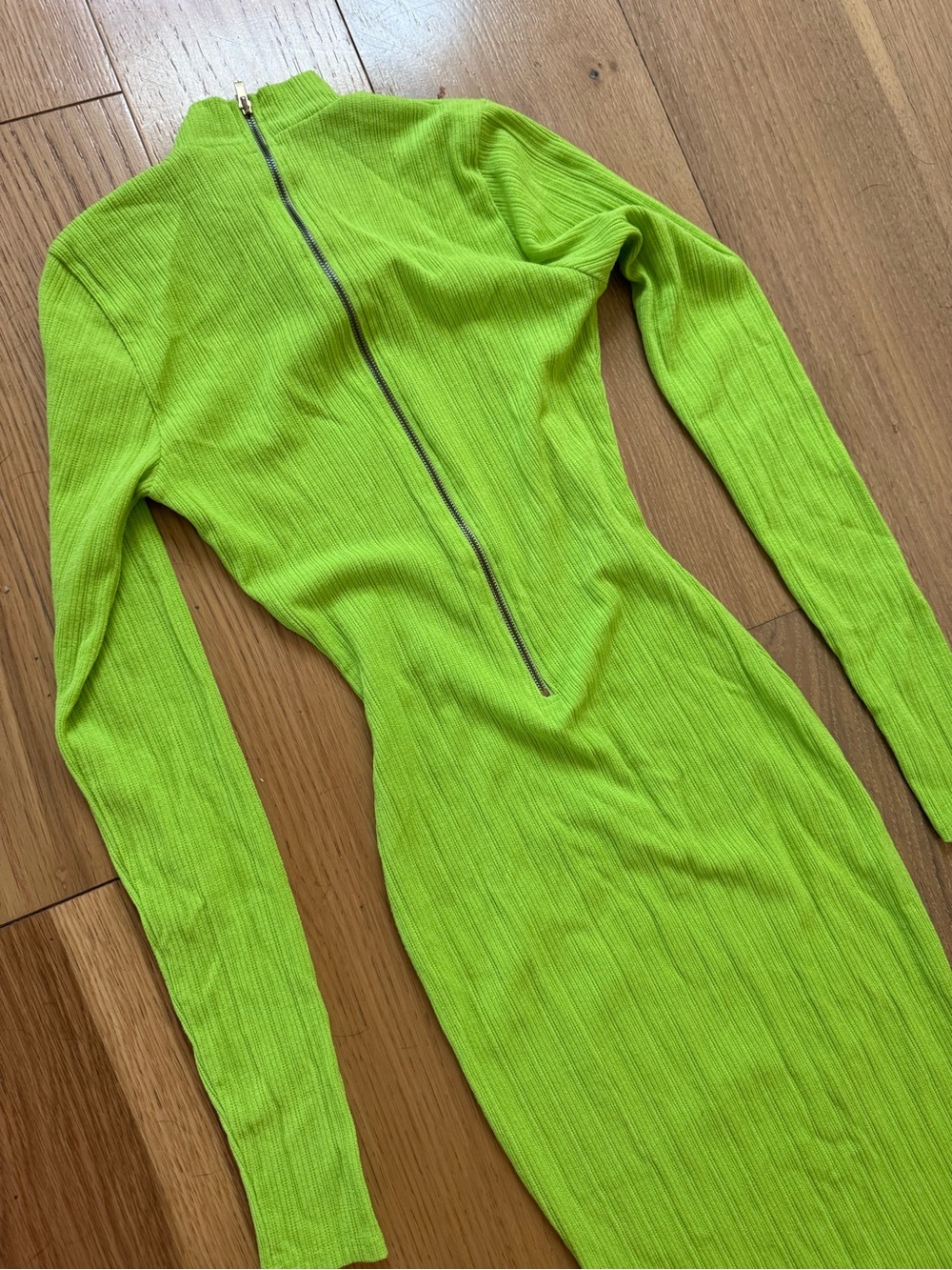 Long Sleeve Ribbed Bodycon Dress in Neon Green